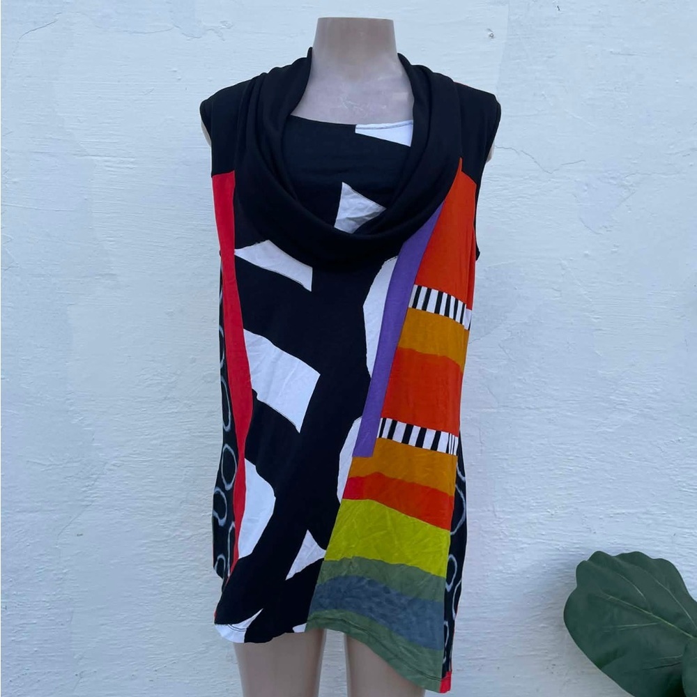 Dolcezza Sleeveless Colorblock Cowl Neck Blouse - Black with Multicolor Panels